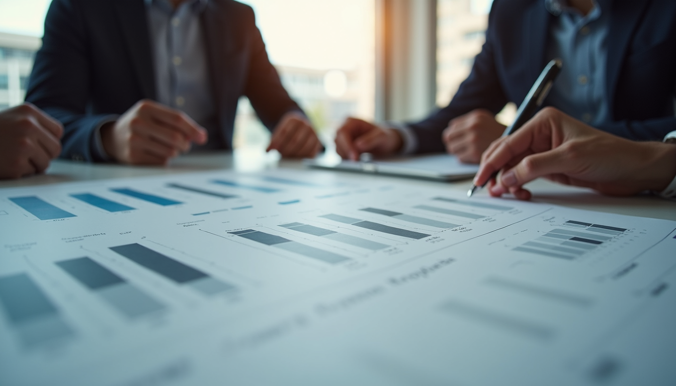 Eye-level view of a business team discussing a project roadmap on a table