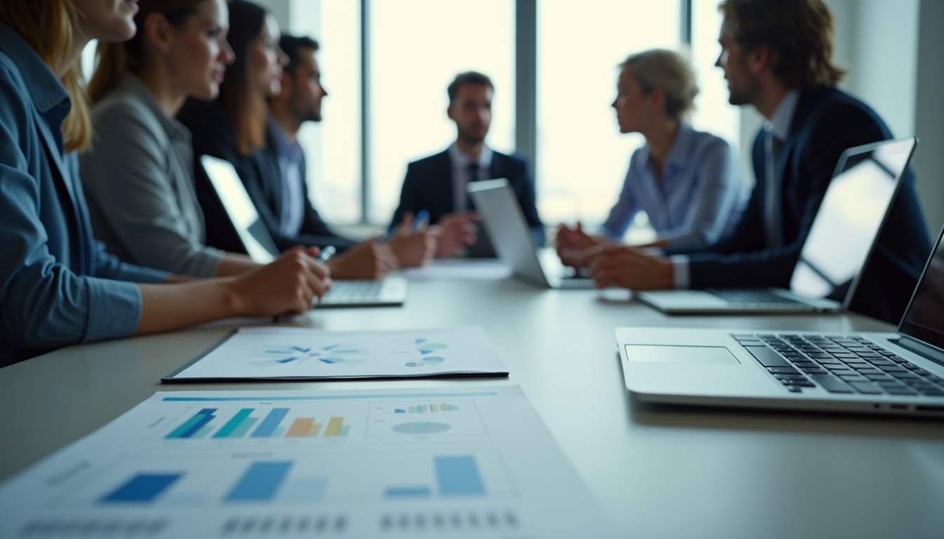 Eye-level view of a business meeting with charts and laptops on the table