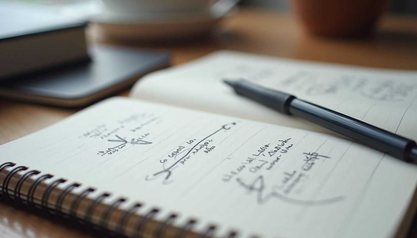 Close-up view of a notebook with brand strategy notes and sketches