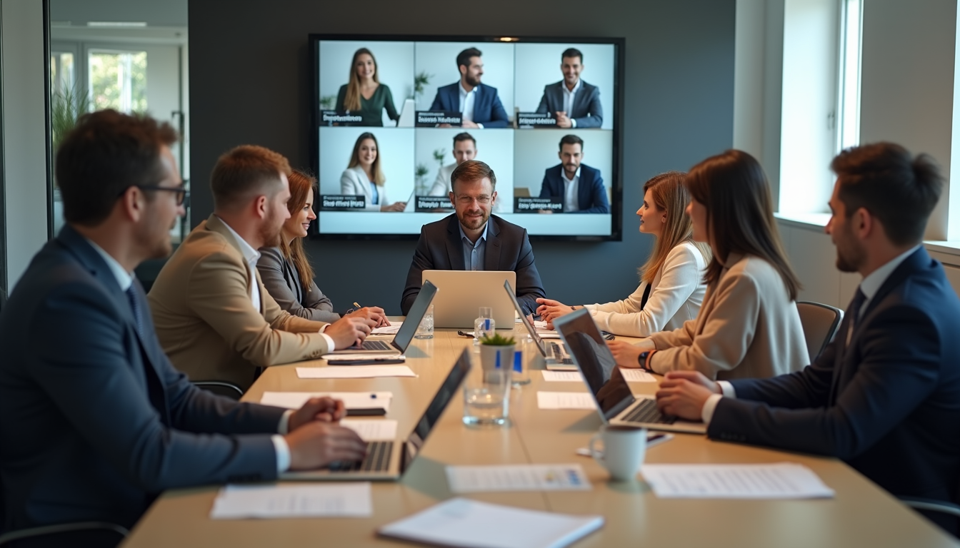 High angle view of a virtual meeting with diverse team members collaborating