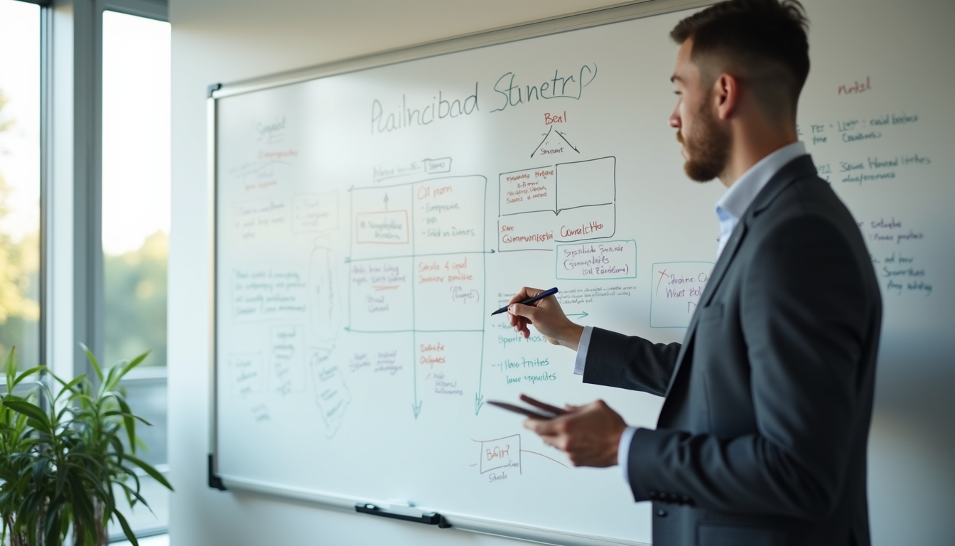 High angle view of a whiteboard with communication strategy notes and diagrams