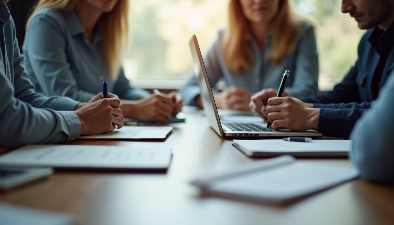 Close-up view of a team meeting around a table with laptops and notes