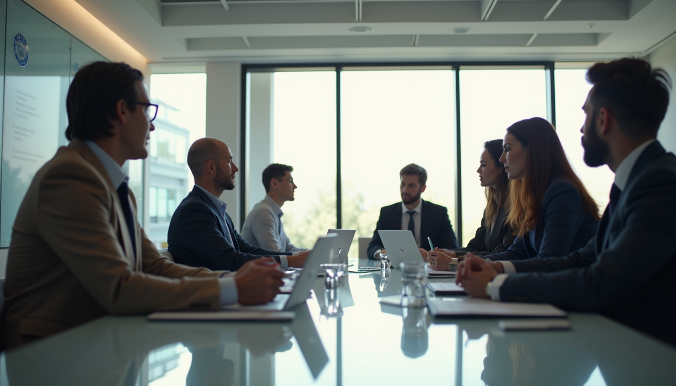 Eye-level view of a modern office meeting room with a team discussing around a table