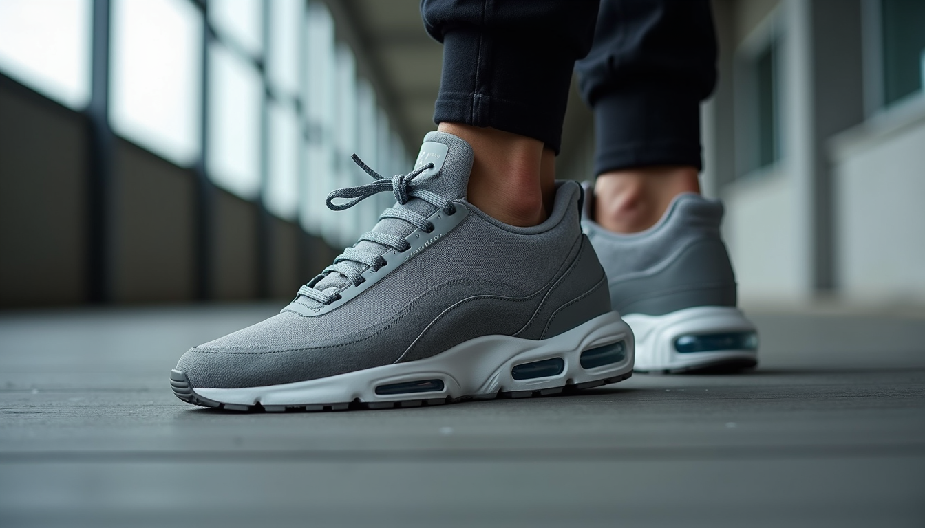 Eye-level view of a stylish athletic shoe
