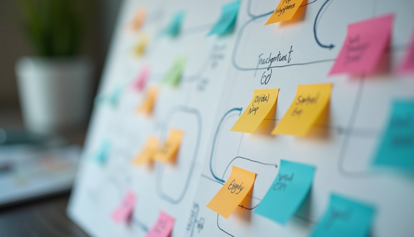 Close-up view of a customer journey map with sticky notes and markers