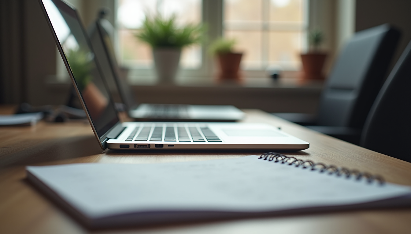 Eye-level view of a modern home office setup with a laptop and notes