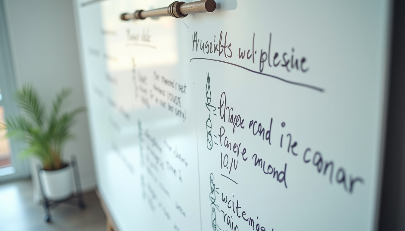 High angle view of a whiteboard with marketing strategy notes