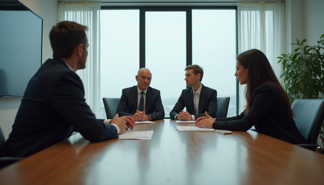 Eye-level view of a business team discussing strategy around a table