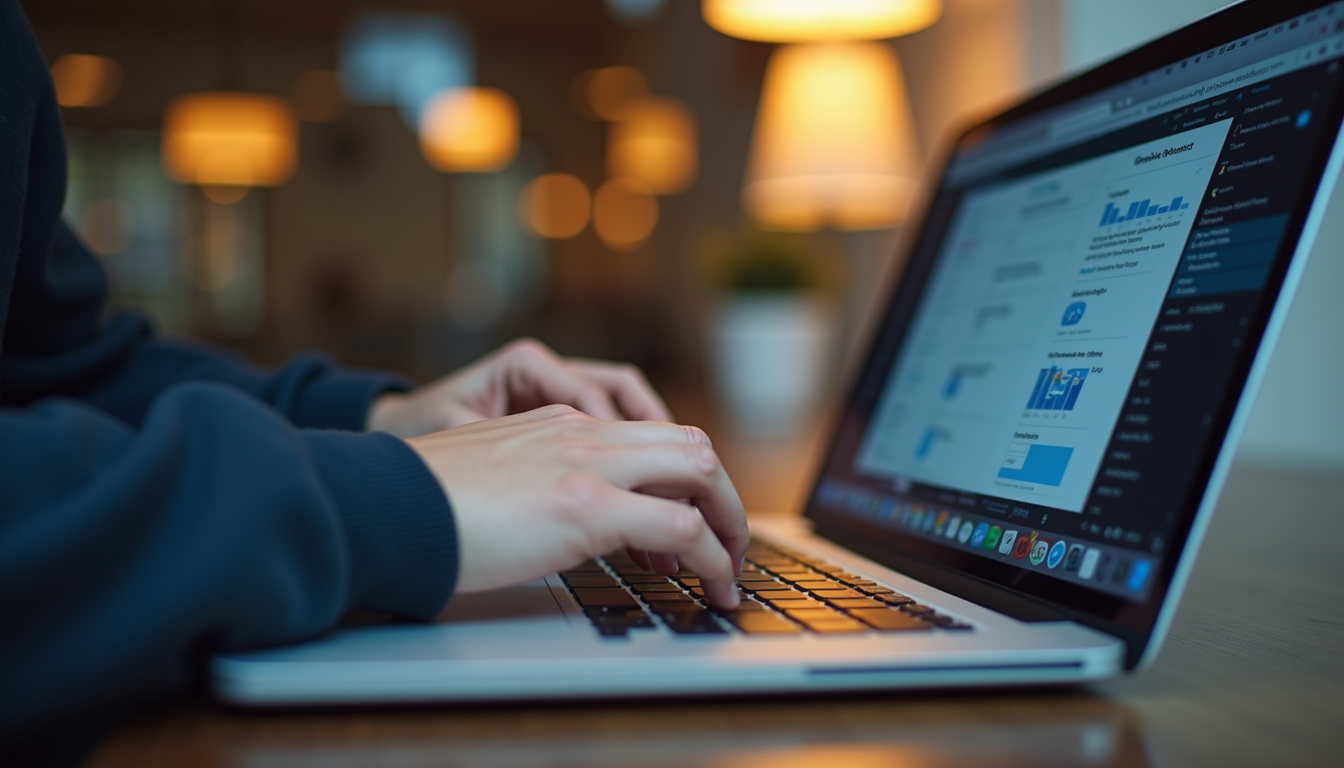 Close-up view of a person typing on a laptop with communication apps open