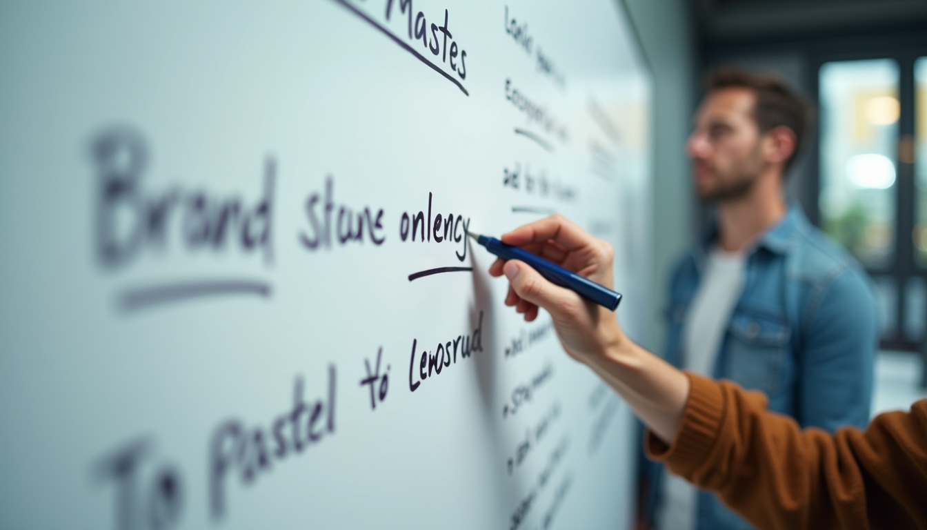 Eye-level view of a whiteboard with brand strategy planning notes