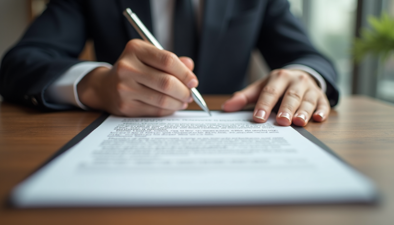 Close-up view of a contract being signed on a wooden table