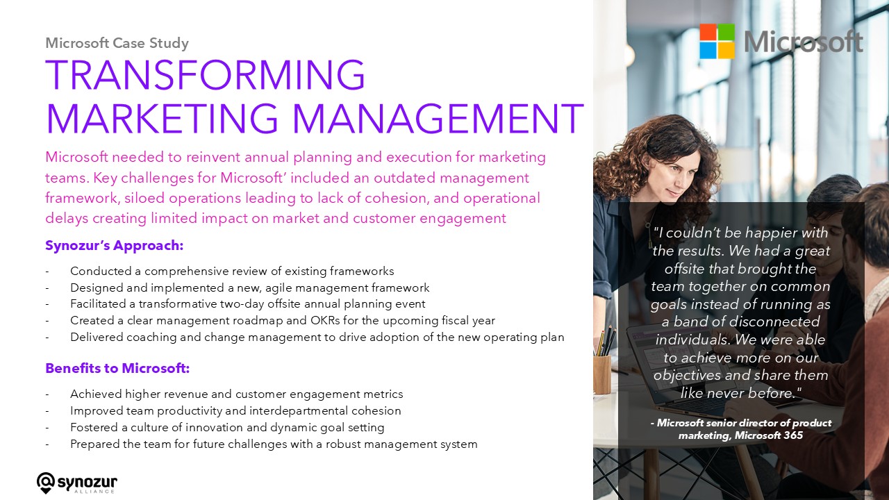 Microsoft case study on transforming marketing management. Details Synozur's approach and benefits with a quote from Microsoft director.