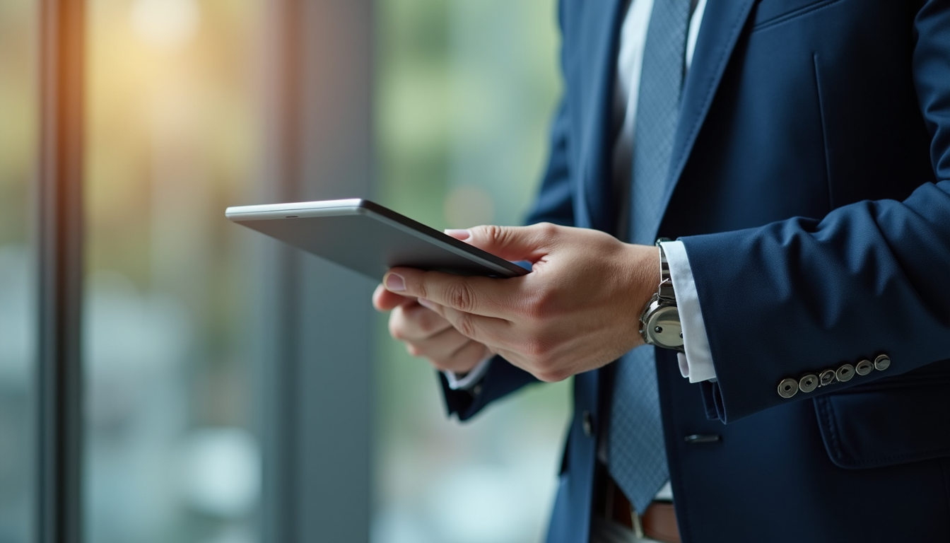 Close-up view of a consultant presenting a business strategy on a digital tablet
