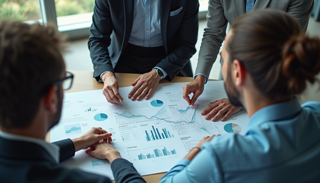 High angle view of a business team collaborating over a digital strategy map
