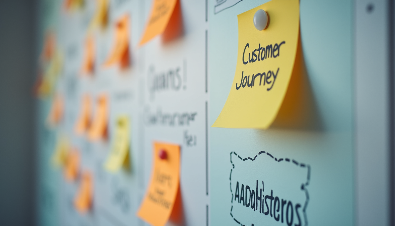 Close-up view of a customer journey map with sticky notes and diagrams on a wall