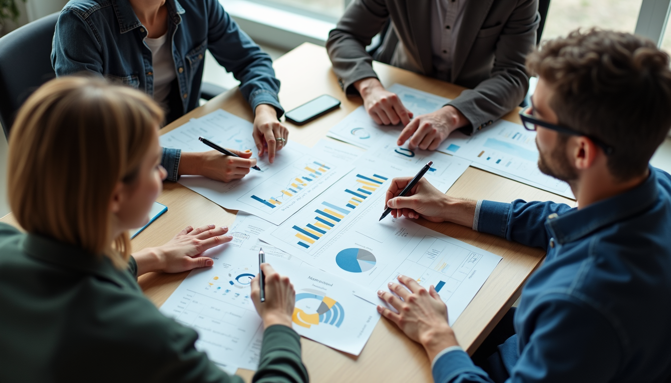 High angle view of a marketing team brainstorming with brand strategy charts