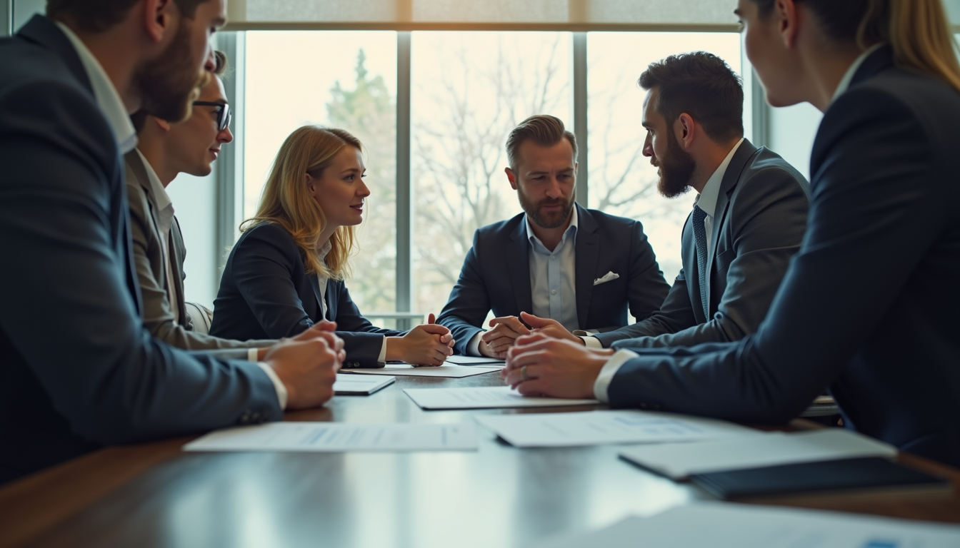 Eye-level view of a business meeting with diverse leaders discussing strategy