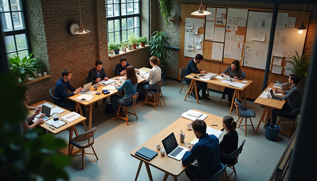 High angle view of a bustling creative workspace