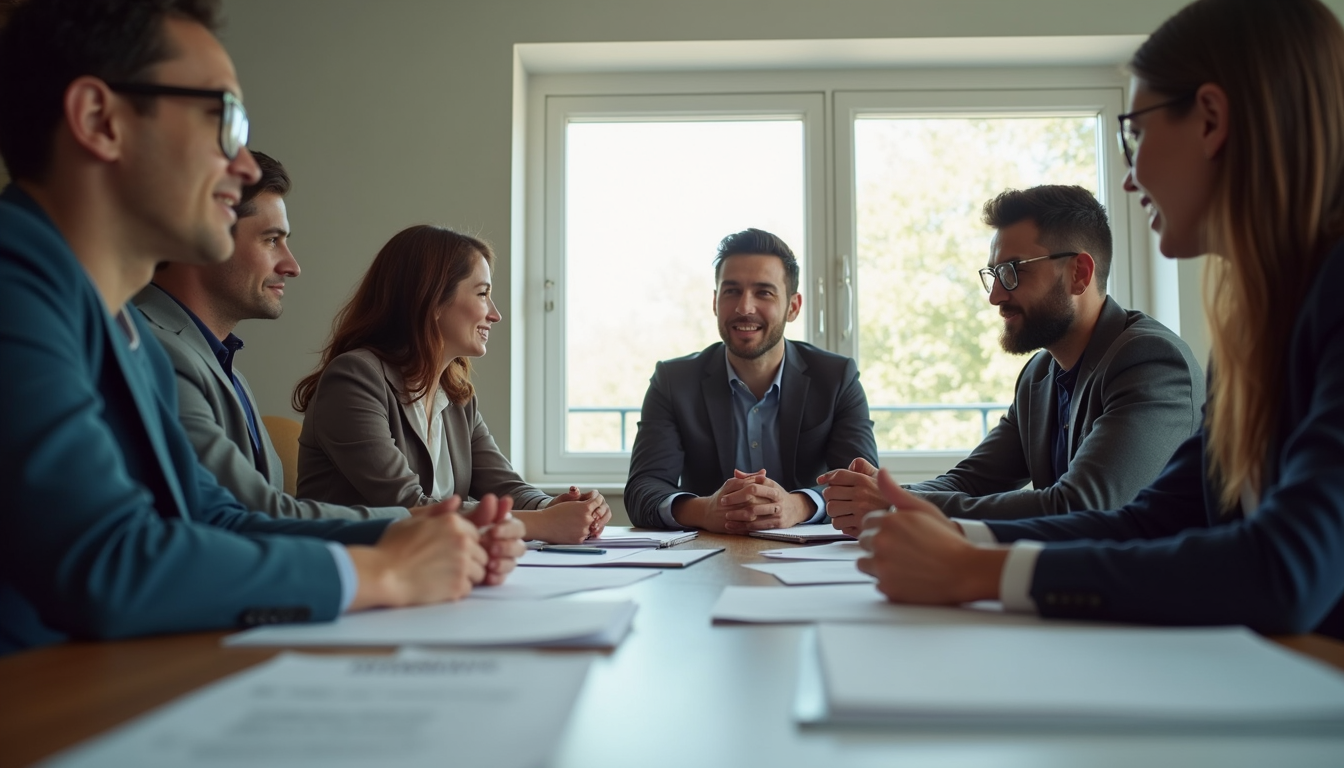Eye-level view of a diverse group discussing customer strategies