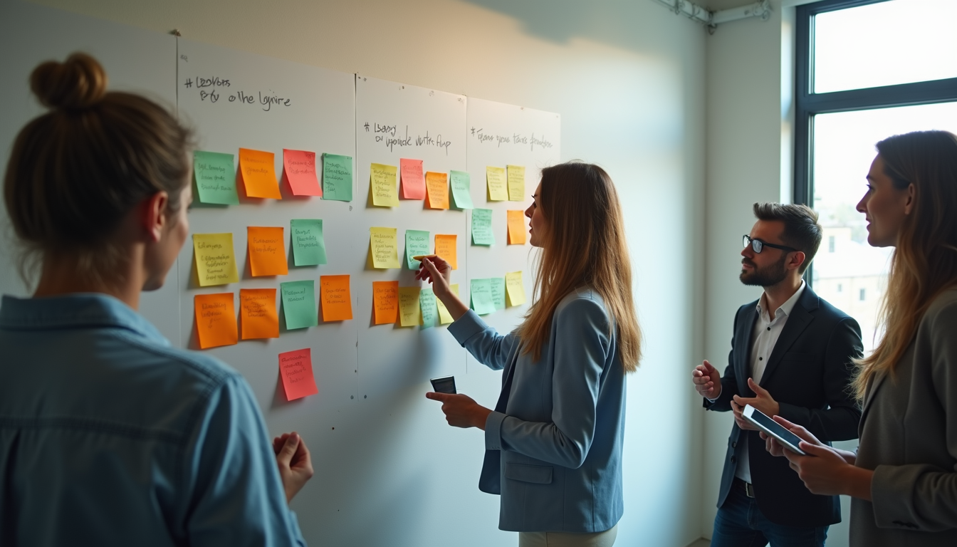 High angle view of a marketing team brainstorming with sticky notes on a wall