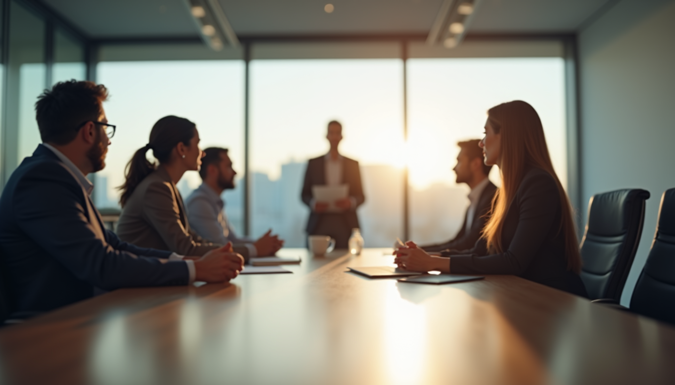 Eye-level view of a modern office meeting room with collaborative team discussion