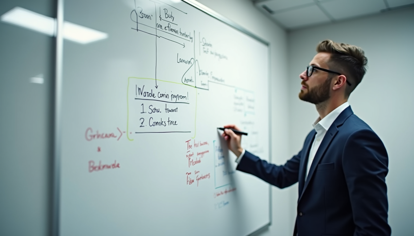 Eye-level view of a whiteboard with launch strategy notes and diagrams
