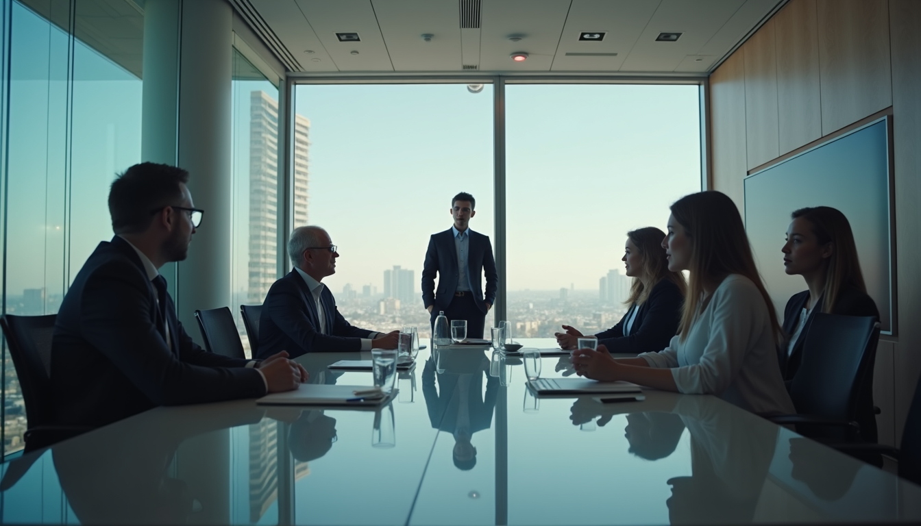Eye-level view of a modern office meeting room with a strategy session in progress