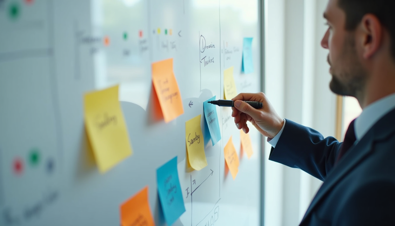 High angle view of a virtual whiteboard session with sticky notes and strategy diagrams