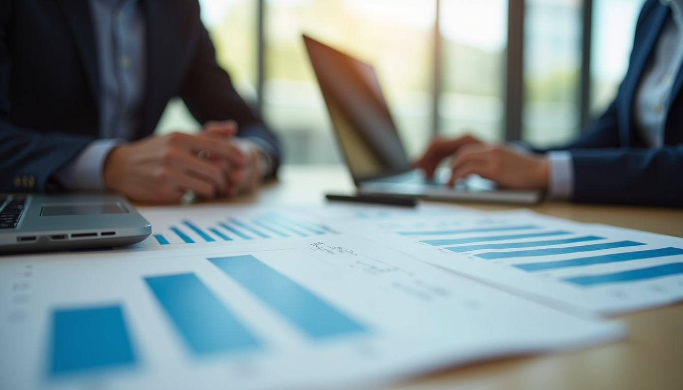 Close-up view of a business meeting with charts and laptops on the table