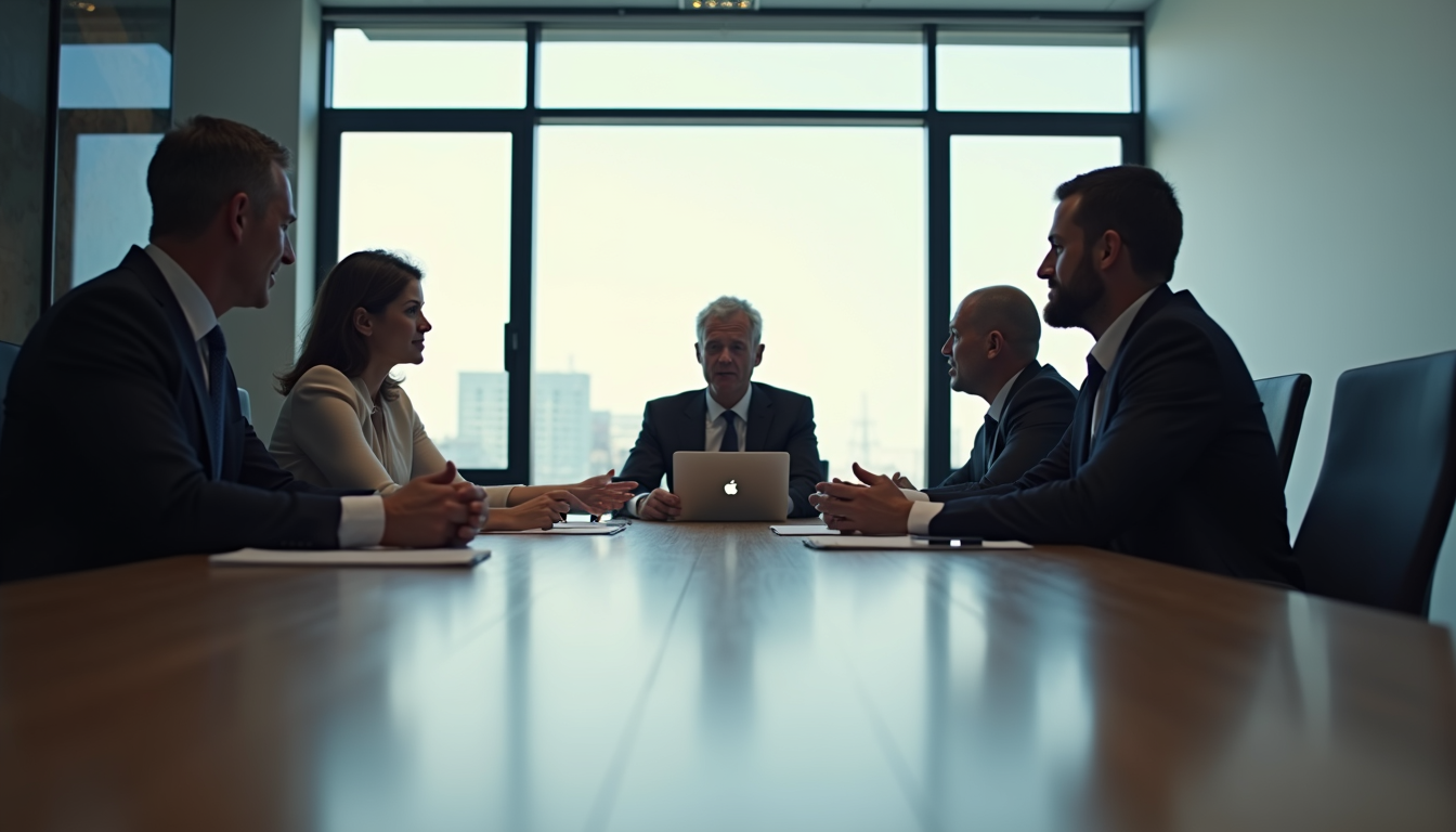 Eye-level view of a business team discussing strategy around a conference table