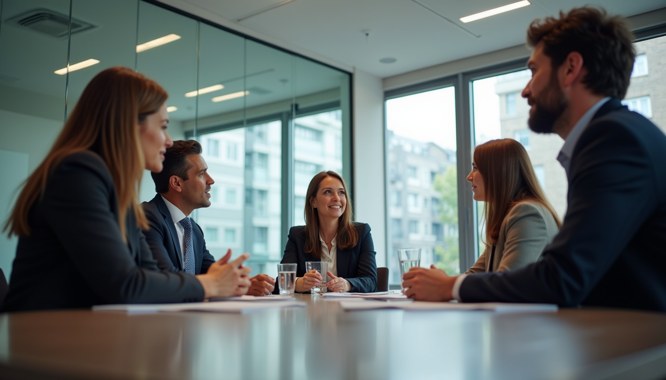 Eye-level view of a business meeting with diverse professionals discussing strategy
