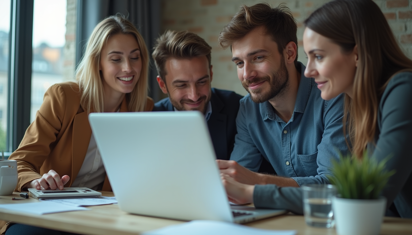 Eye-level view of a business team collaborating around a laptop