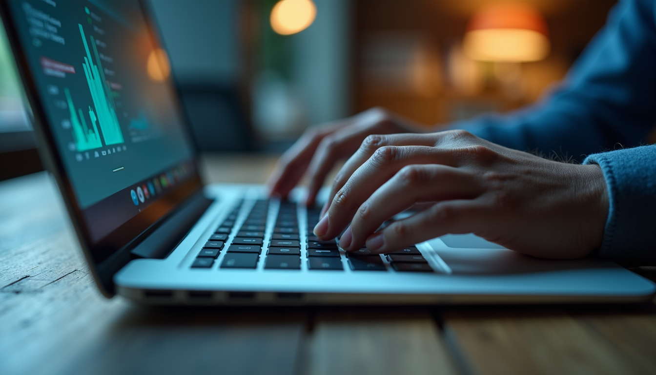 Eye-level view of a data analyst working on a laptop