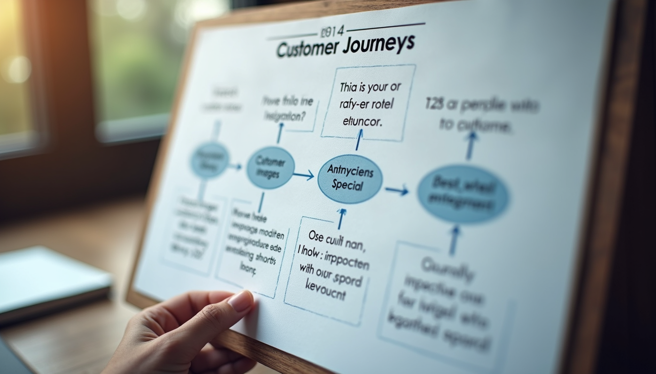 High angle view of a flowchart illustrating the five stages of the customer journey
