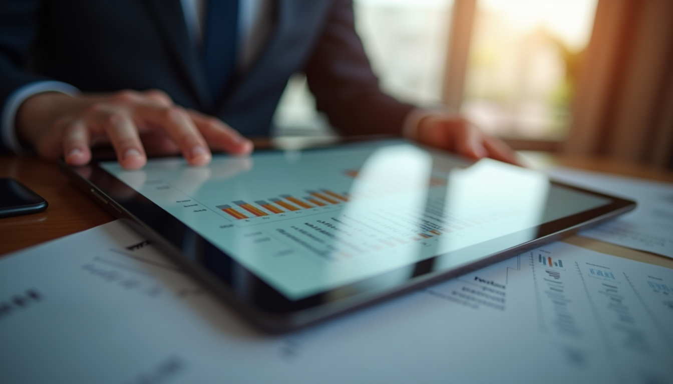 Close-up view of a consultant presenting a customized business plan on a digital tablet