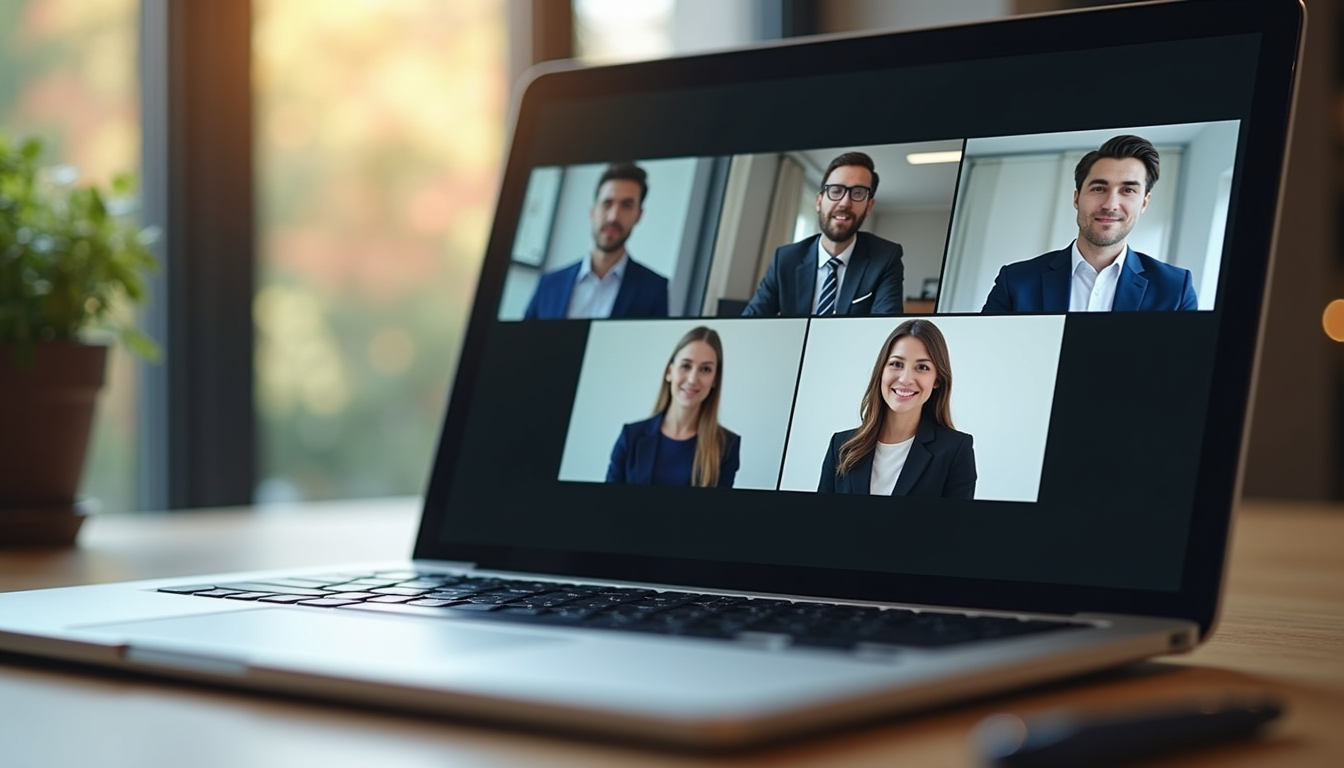 Eye-level view of a laptop screen displaying a virtual meeting with business professionals