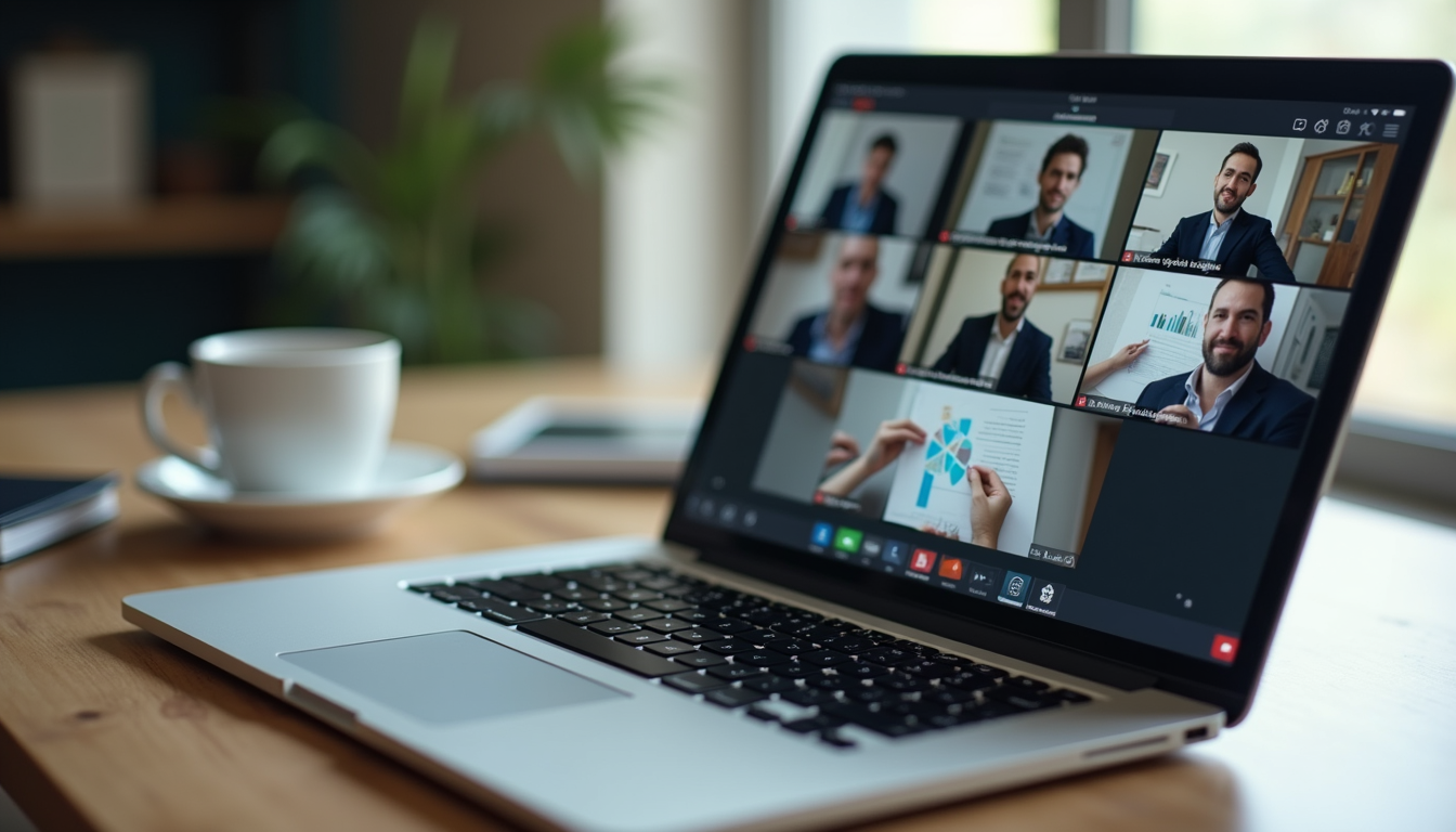 Eye-level view of a laptop screen showing a virtual meeting with strategy documents