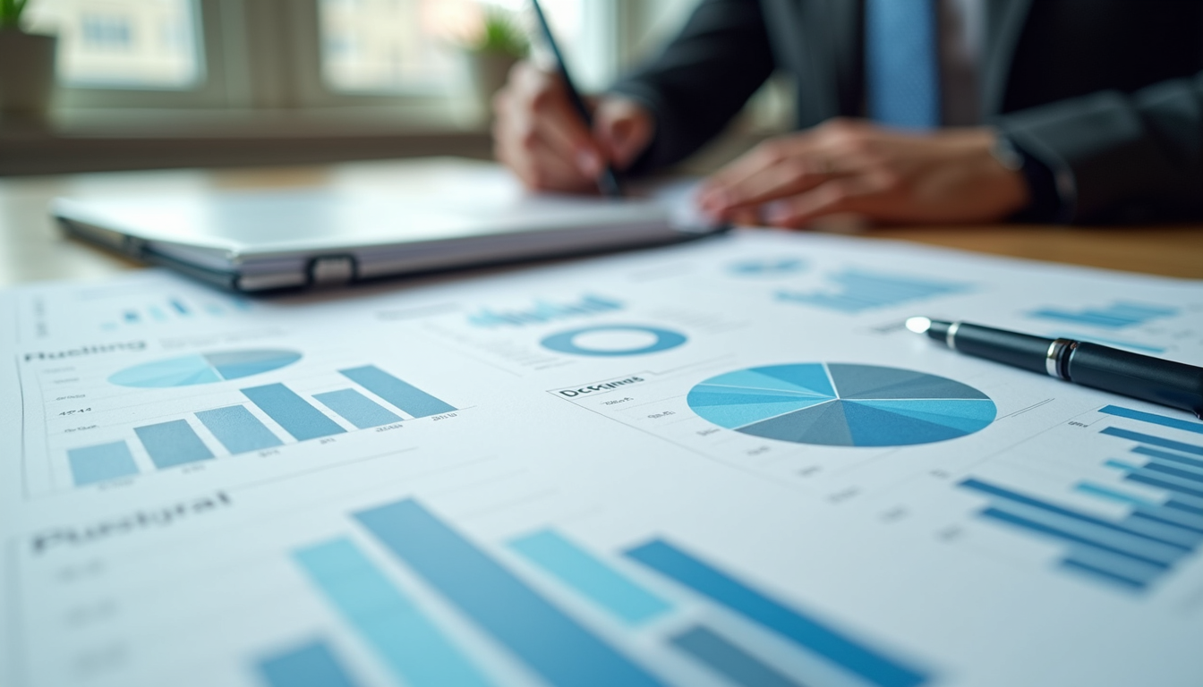 Close-up view of a detailed business plan on a desk with charts and notes